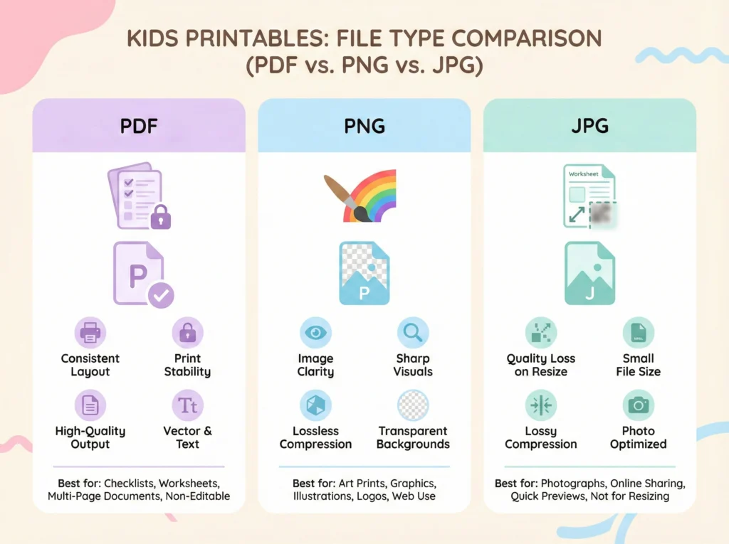Illustrated infographic comparing kids printable file types—PDF, PNG, and JPG—highlighting pros like print stability, image clarity, and file size.