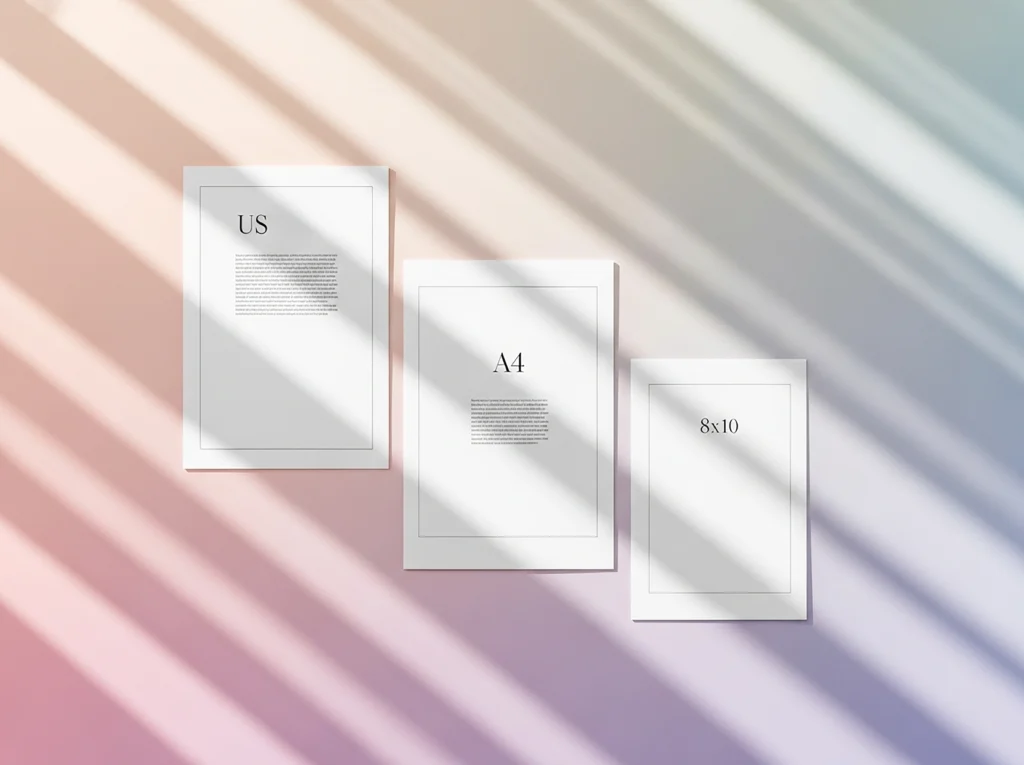 A minimal visual comparison of three printable paper sizes labeled US, A4, and 8x10. The papers are displayed on a softly shaded gradient background with diagonal light patterns.