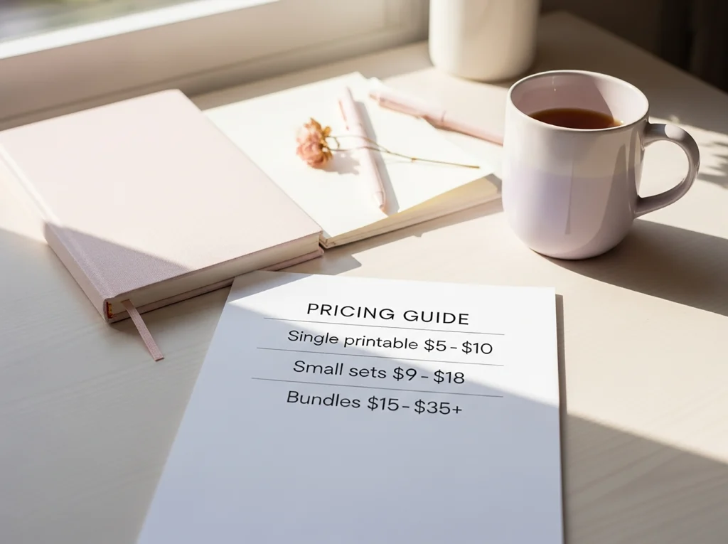A printed pricing guide shows three tiers: single printables for $5–$10, small sets for $9–$18, and bundles for $15–$35+. It’s surrounded by soft pink stationery and a mug of tea on a sunlit desk.