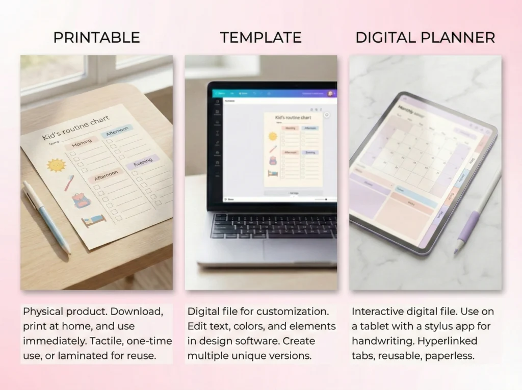 Side-by-side comparison of a printed kids routine chart, a customizable design template on a laptop, and a digital planner on a tablet, with text explaining the key differences in format and use.