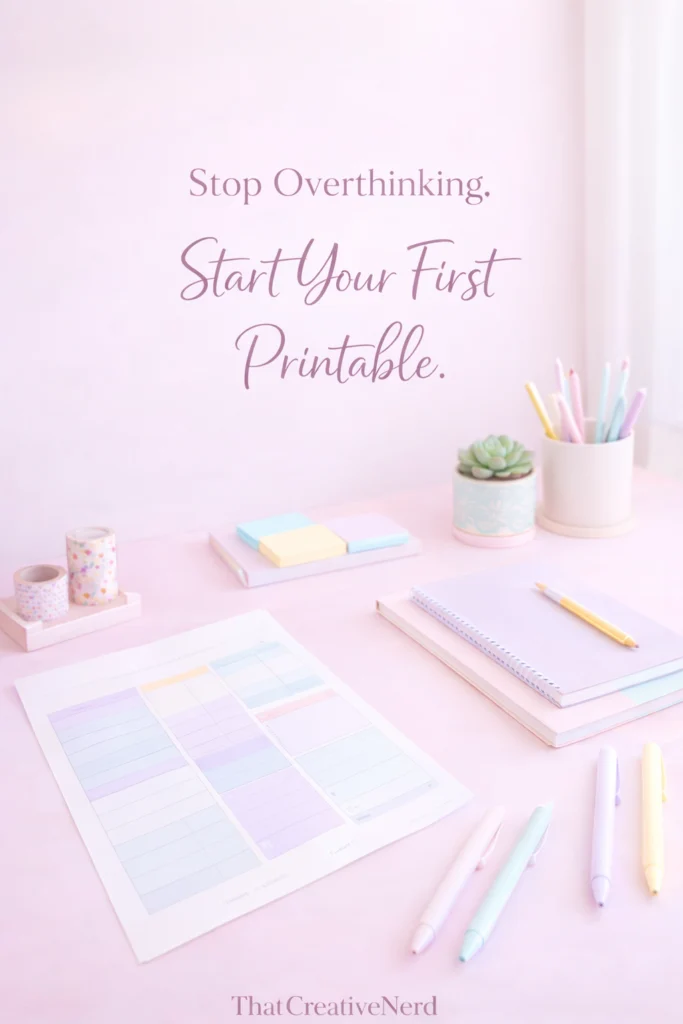 Motivational text reads “Stop Overthinking. Start Your First Printable.” over a dreamy flat lay of pastel planners, pens, sticky notes, and decorative washi tape on a pink surface.