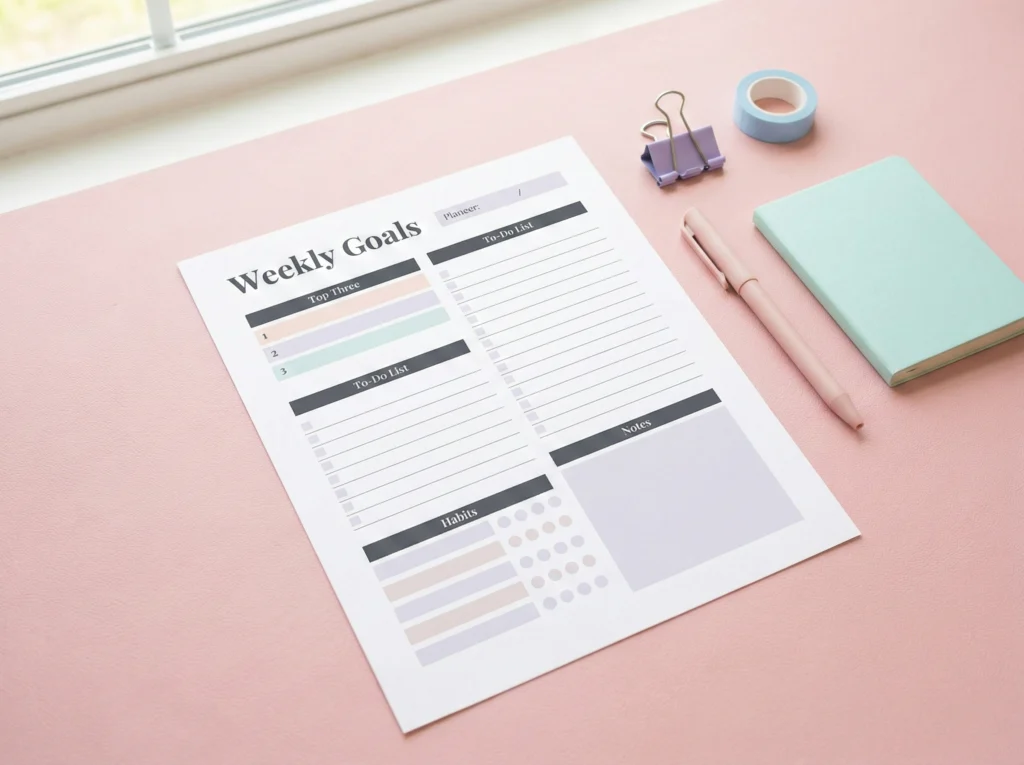 Printable weekly goals planner page on a pastel pink desk with a pen, mint notebook, tape, and binder clips. Sections include Top Three goals, To-Do List, Habits tracker, and Notes.