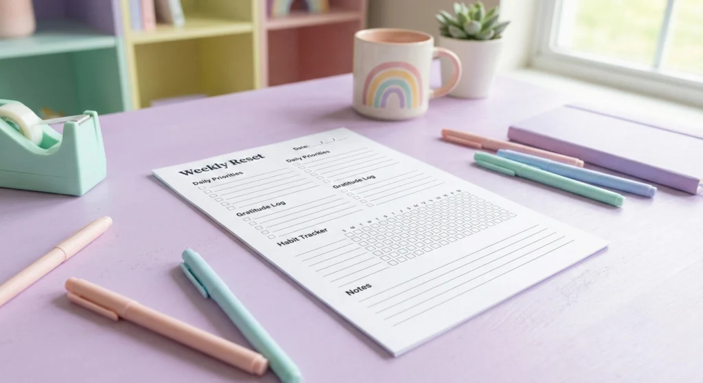 “Weekly Reset” printable planner page on a lavender desk with pastel pens and rainbow mug. Sections include Daily Priorities, Gratitude Log, Habit Tracker, and Notes.