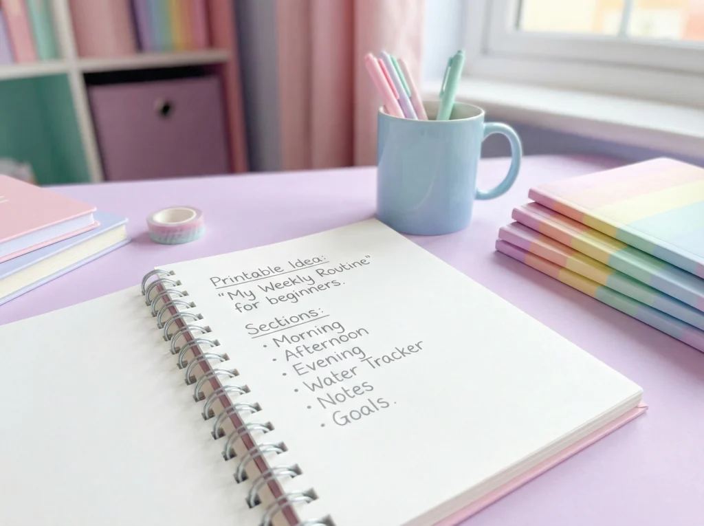 Spiral notebook open to a page with the handwritten title “Printable Idea: My Weekly Routine for beginners” and sections listed for Morning, Afternoon, Evening, Water Tracker, Notes, and Goals. Surrounded by pastel books and mugs.