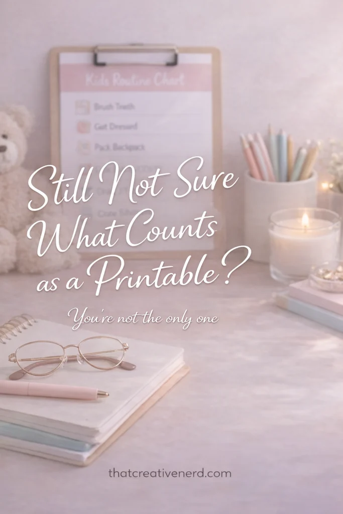 Cozy flat lay featuring glasses, notebooks, candles, and a kids routine chart on a clipboard, with the overlaid text “Still Not Sure What Counts as a Printable? You’re not the only one” inviting clarification on what is a printable.