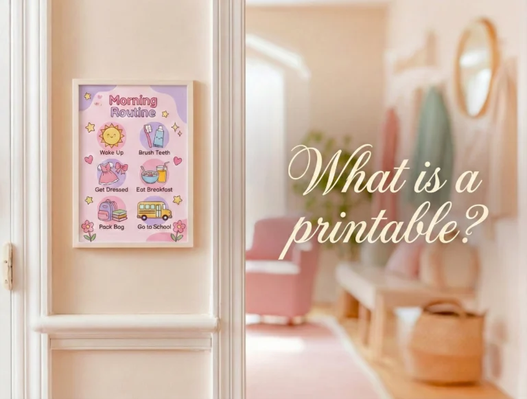 Framed kids’ morning routine printable hanging on a wall, listing steps like wake up, brush teeth, and get dressed, with elegant overlay text that asks, “What is a printable?” in a softly lit home setting.