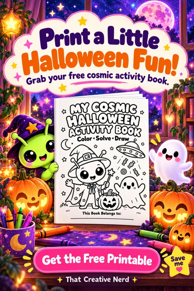 A Halloween activity book stands on a cozy desk surrounded by crayons, smiling pumpkins, a green alien, and a friendly ghost. A purple galaxy glows through the window. The headline reads “Print a Little Halloween Fun!”
