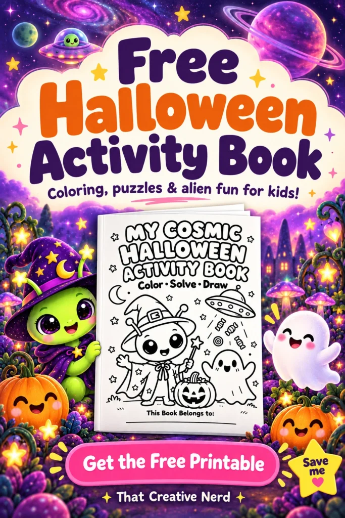 Purple and pink cosmic Halloween pin featuring a black-and-white activity book cover, a green alien in a witch hat, a smiling ghost, and pumpkins. The headline reads “Free Halloween Activity Book,” with a pink “Get the Free Printable” button.