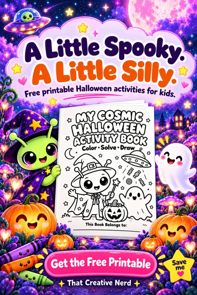 A green alien and friendly ghost peek around a Halloween activity book cover against a sparkling purple galaxy. Smiling pumpkins and crayons decorate the bottom. Large text reads “A Little Spooky. A Little Silly.”