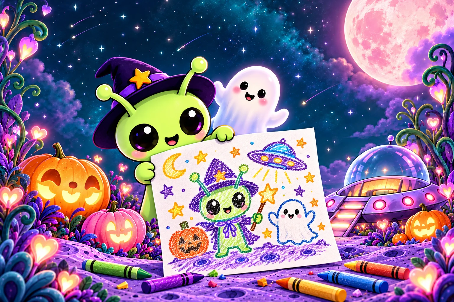 A cheerful green alien holds a crayon drawing beside a friendly ghost and glowing Halloween pumpkins.