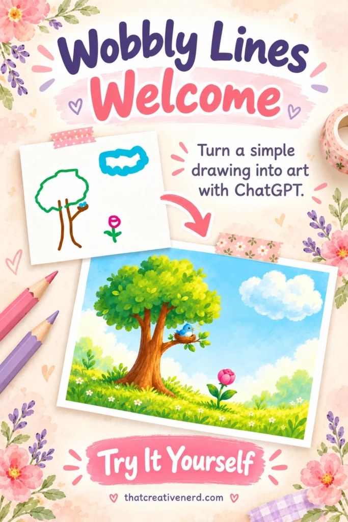 Floral pin reading “Wobbly Lines Welcome” and “Turn a simple drawing into art with ChatGPT.” A rough tree, cloud, bird, and flower sketch sits above its colorful finished illustration. Pink and lavender pencils decorate the cream background. Button reads “Try It Yourself.”
