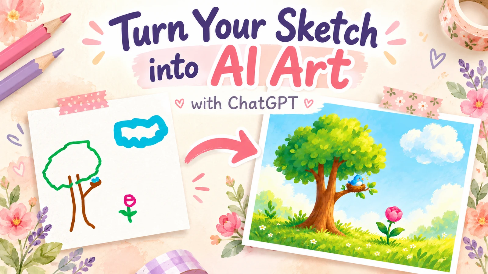 Turn a tree sketch into AI art with ChatGPT: before-and-after comparison