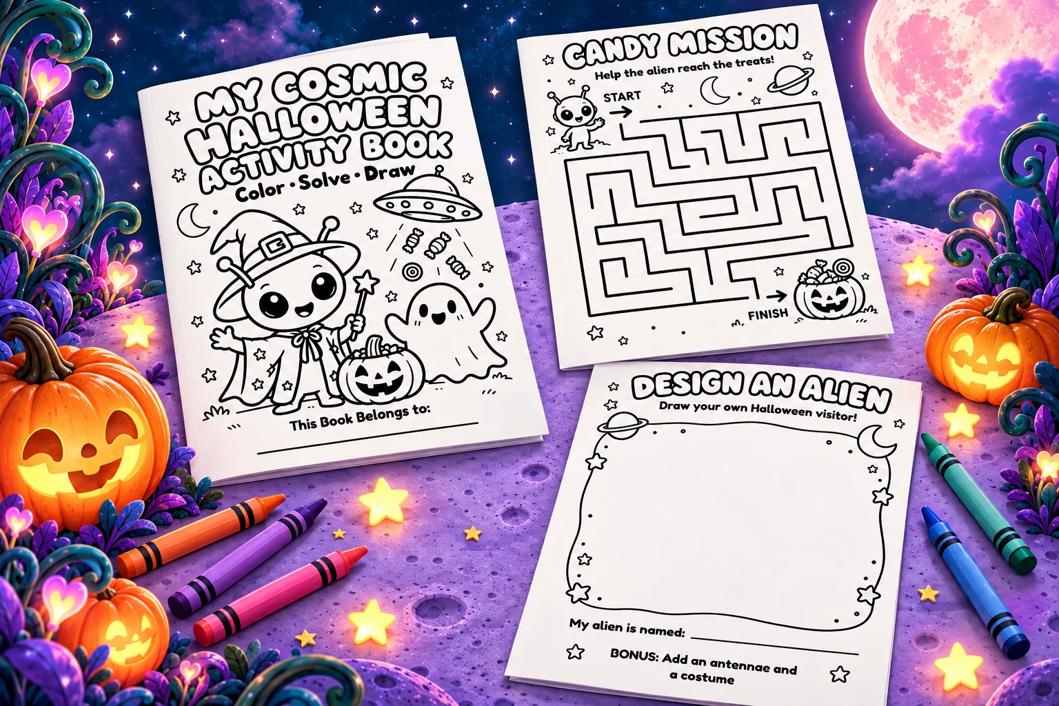 Free printable Halloween activity book mockup with its cover, Candy Mission maze, and Design an Alien page.