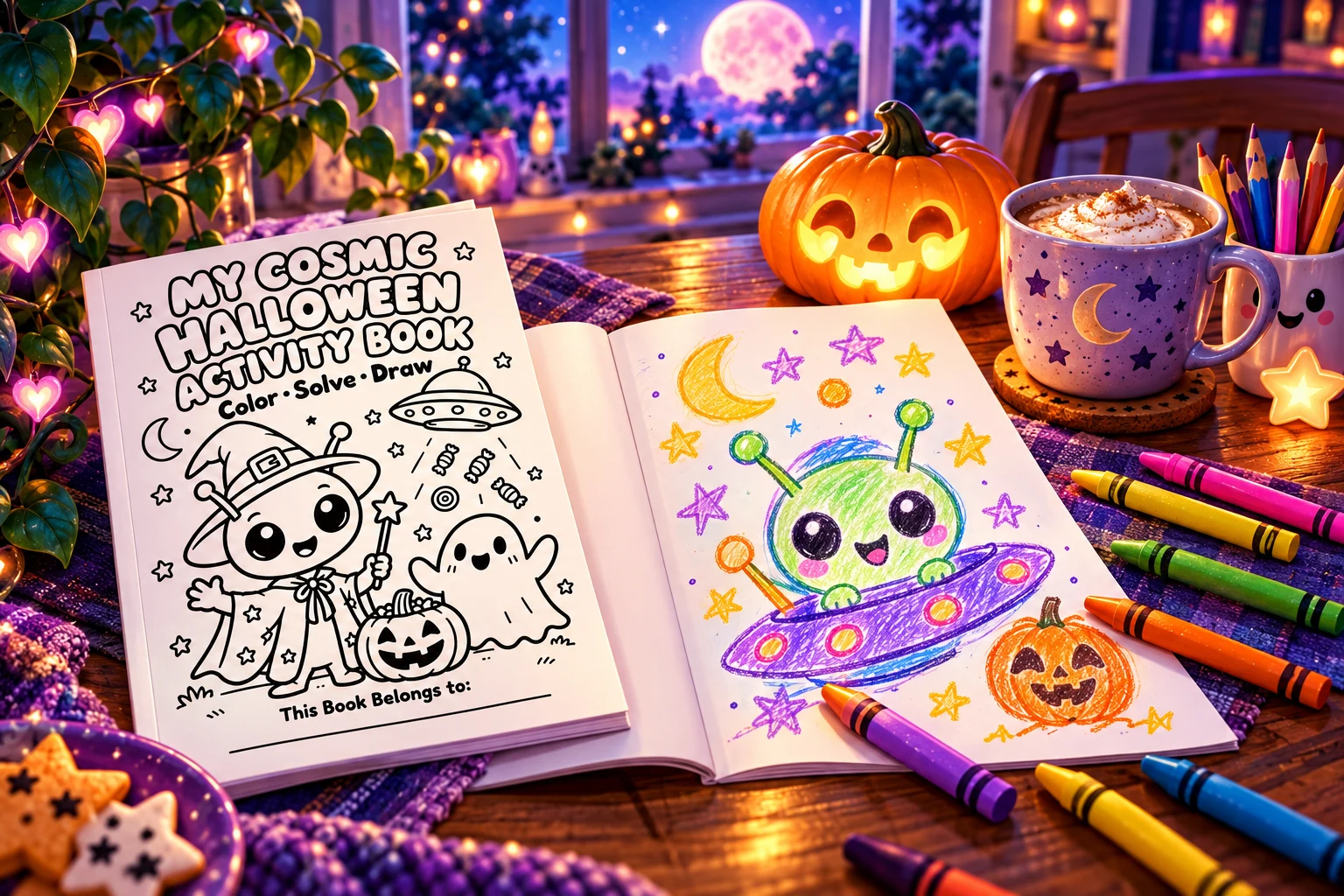 Illustrated Halloween coloring scene with an activity booklet, crayons, a pumpkin, and a colorful alien drawing.