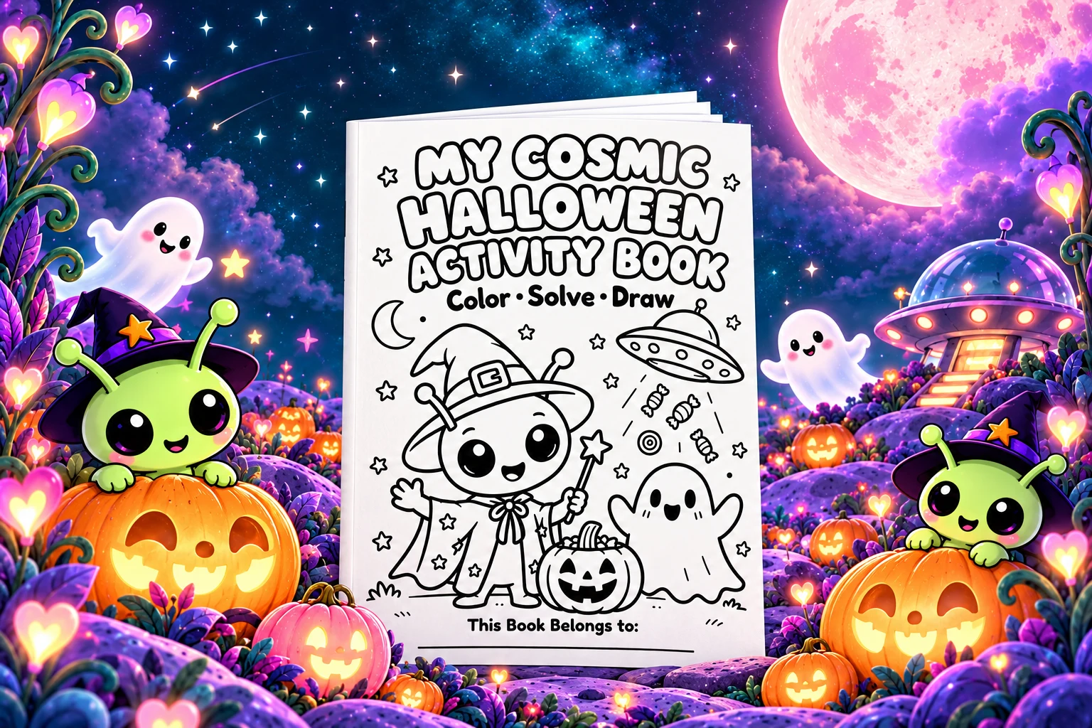 Cosmic Halloween activity book surrounded by cute aliens, ghosts, and glowing pumpkins.