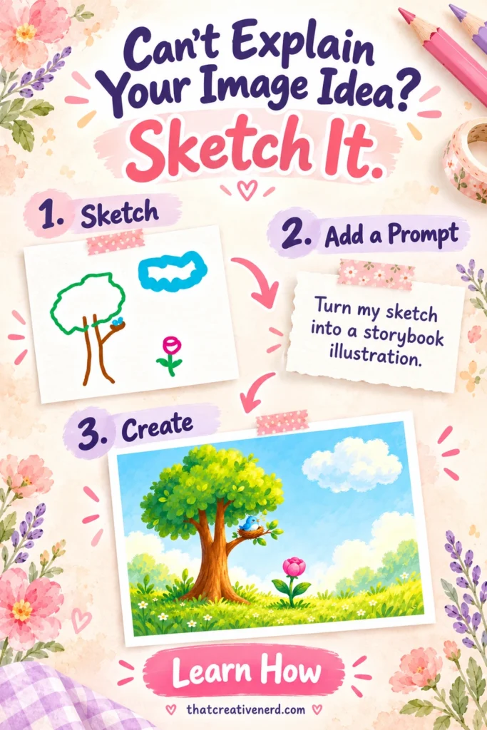 Pink and lavender floral pin reading “Can’t Explain Your Image Idea? Sketch It.” Three labeled stages show a simple tree sketch, the prompt “Turn my sketch into a storybook illustration,” and a finished tree, bird, cloud, and flower scene. Button reads “Learn How.”