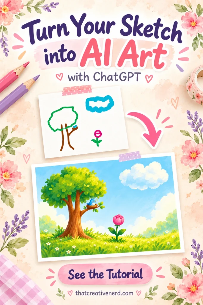 Pink and lavender floral pin reading “Turn Your Sketch into AI Art with ChatGPT.” A simple tree, bird, cloud, and flower sketch appears above a colorful finished meadow illustration, connected by a pink arrow. Includes pencils, washi tape, and “See the Tutorial.”